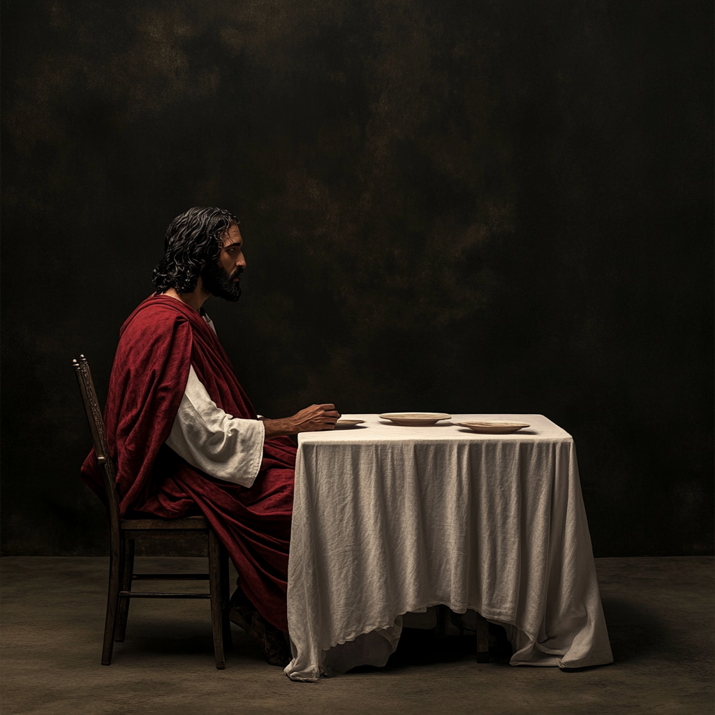 A Kingly Jesus Waits Alone at Dining Table.