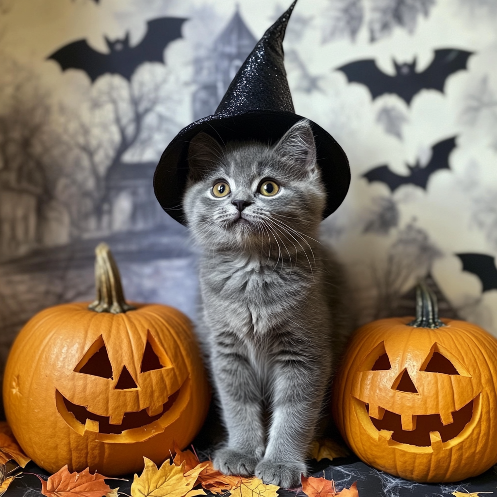 A Kitten Dressed as Cheshire Cat for Halloween.