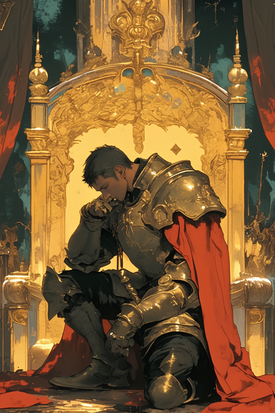 A Knight Kneeling before King in Armor