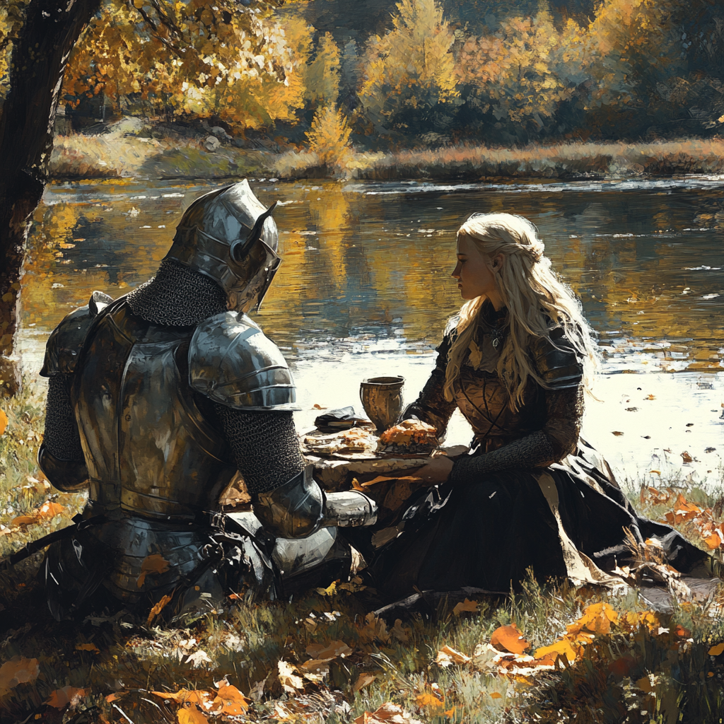 A Knight and Lady having picnic by lake