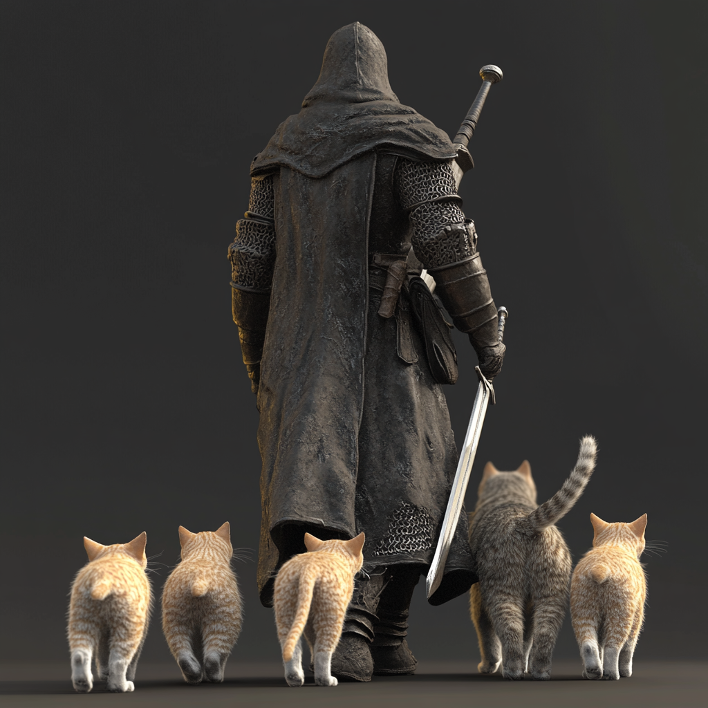 A Knight with Sword followed by Cats