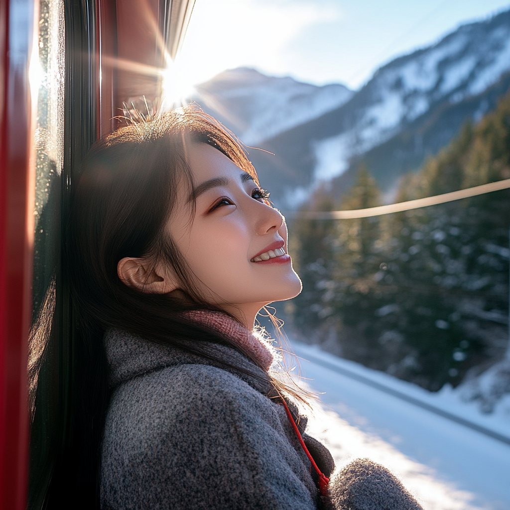 A Korean Girl Smiling on Red Train