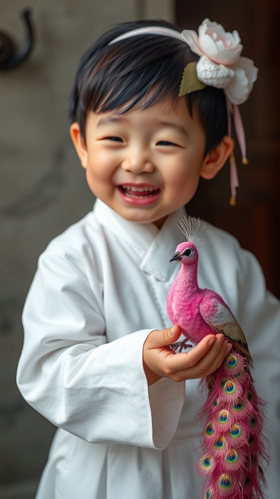 A Korean child laughing holds a tiny pink peacock.