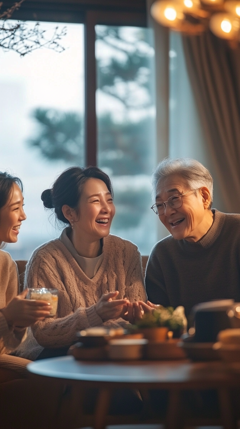 A Korean family in cozy living room talking