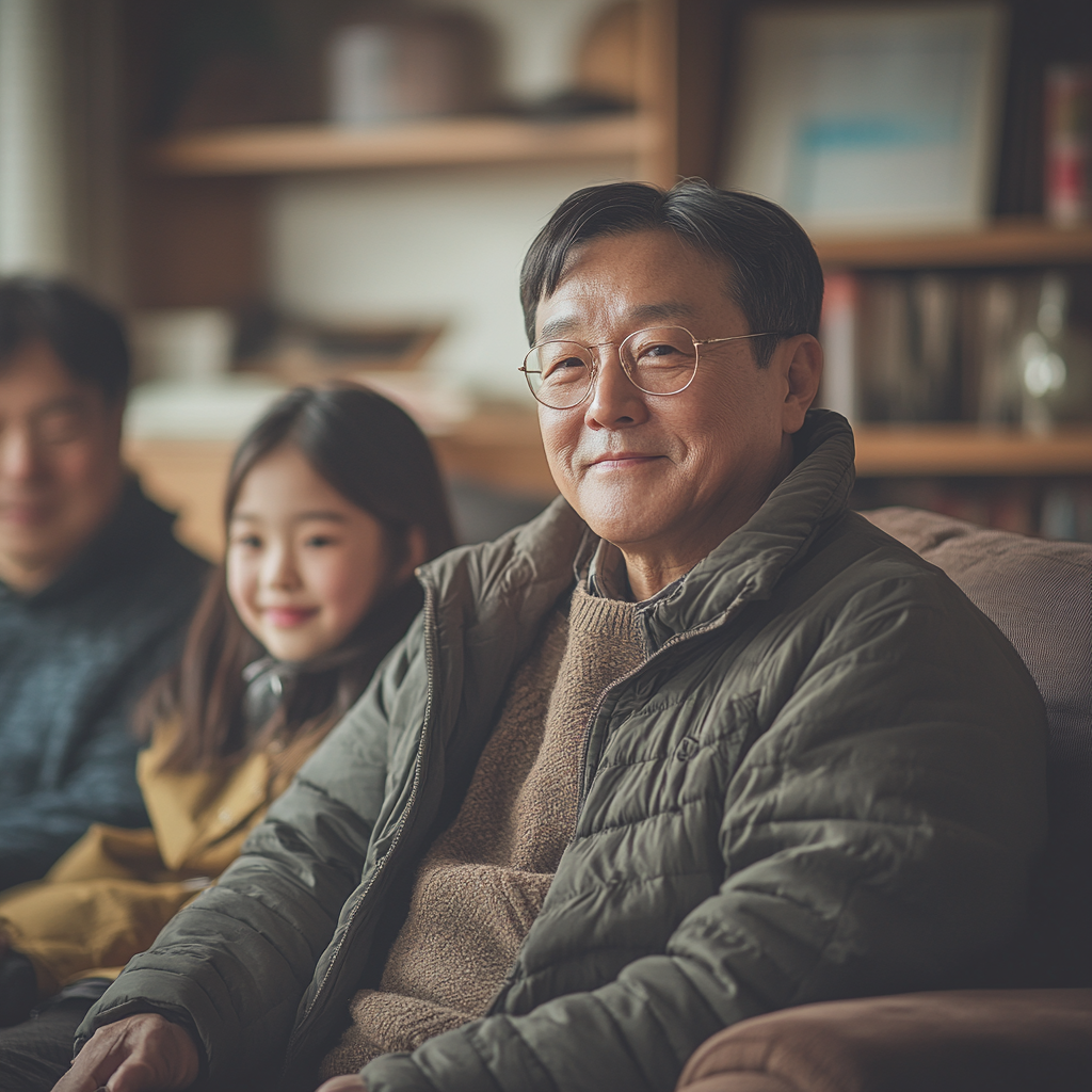 A Korean family in the living room smiling