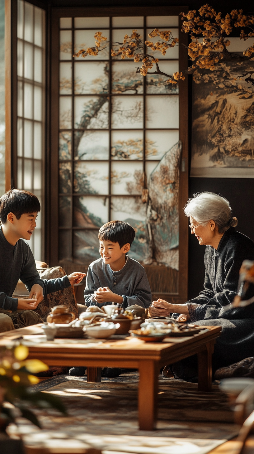 A Korean family laughing together in cozy room