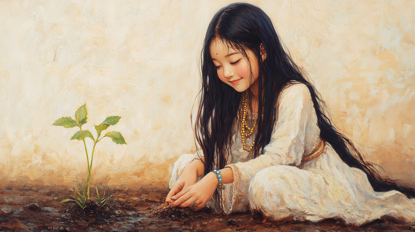 A Korean girl as a bodhisattva, peaceful scene.