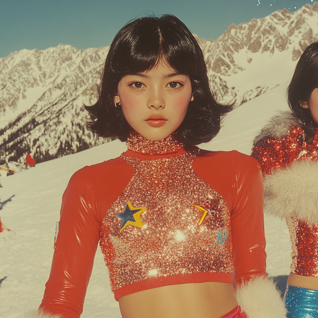 A Korean girl in swimwear standing on snowy mountain