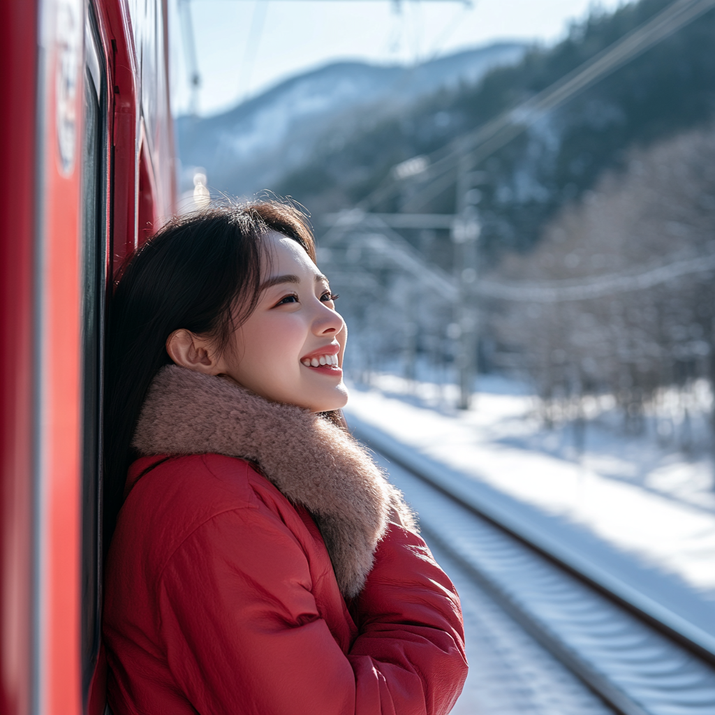 A Korean girl on a red train