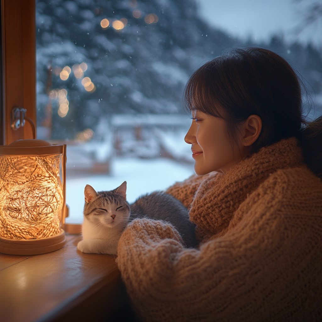 A Korean woman's cozy winter cabin scene