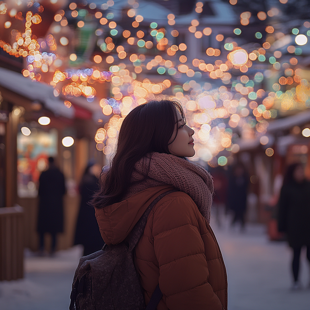 A Korean woman enjoying a festive winter night