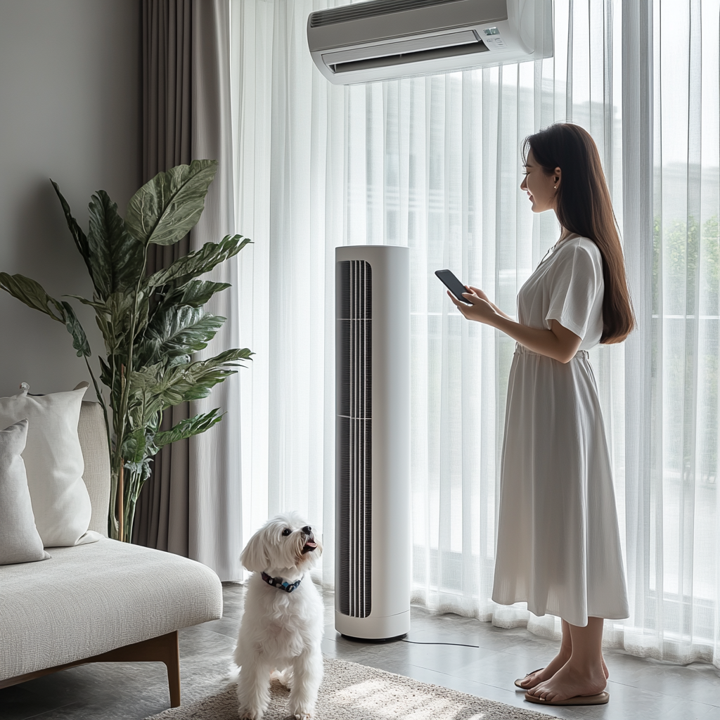 A Korean woman in living room with appliances.