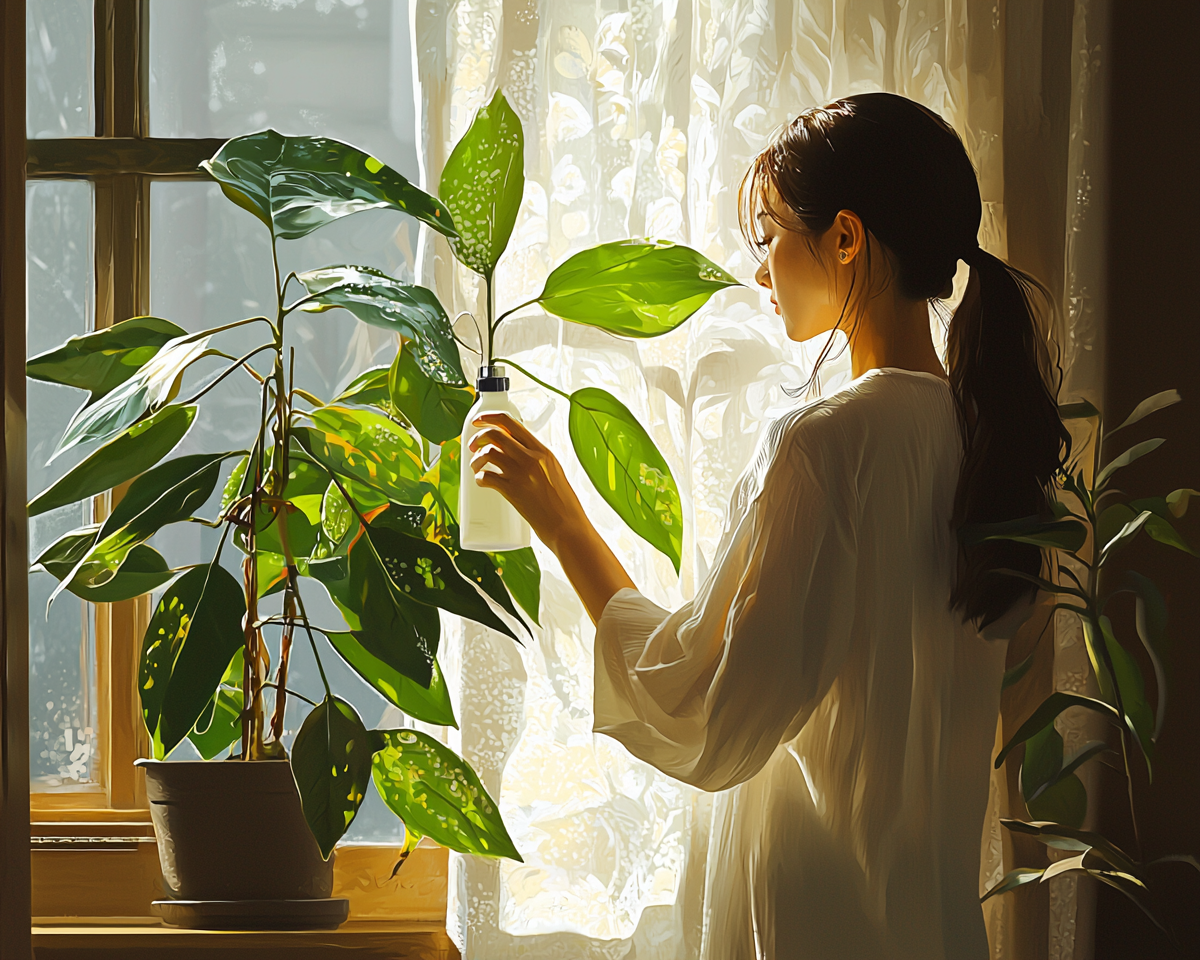 A Korean woman spraying plant in cozy home