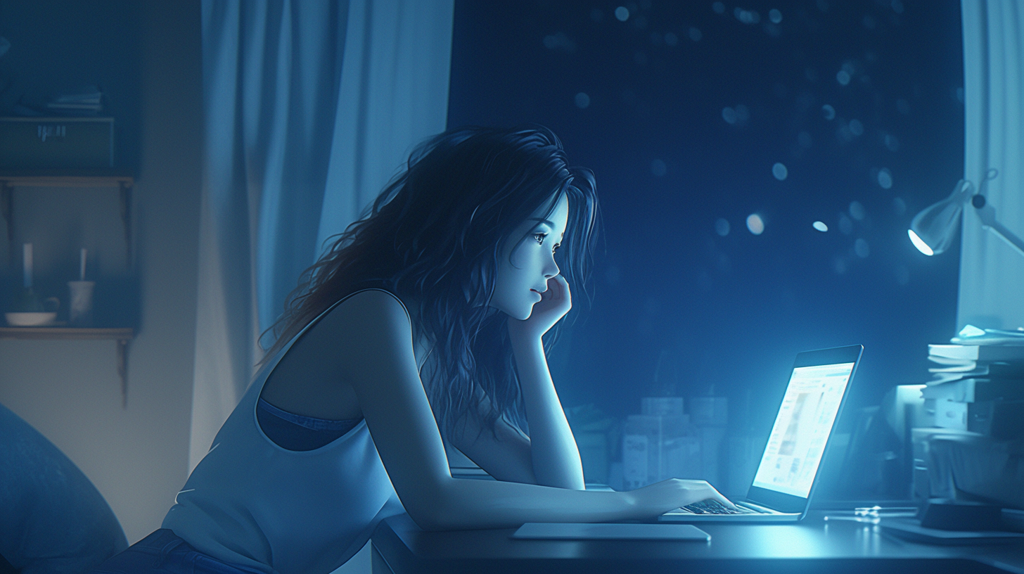 A Korean woman thinking at laptop in dark room