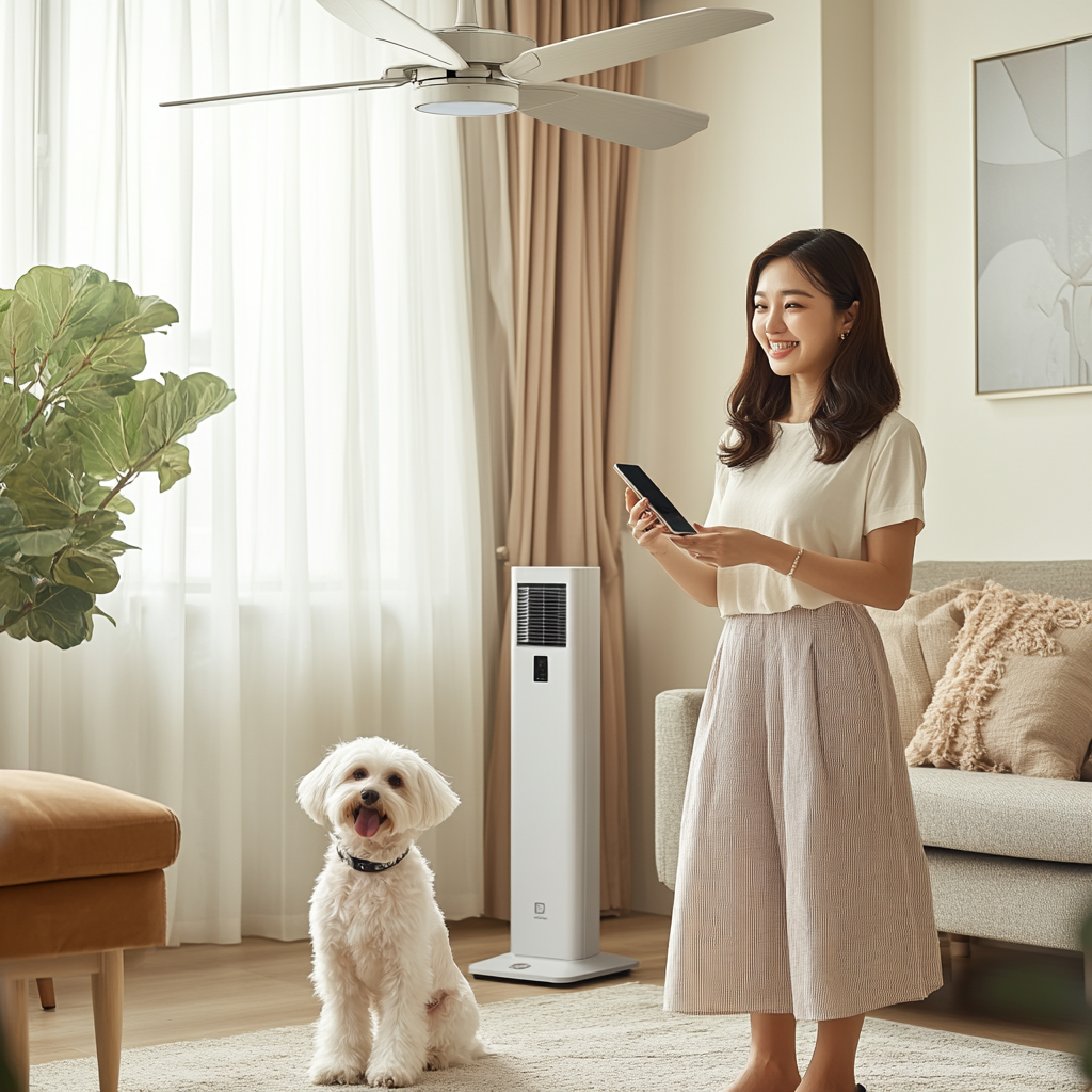 A Korean woman with a Maltese in living room.