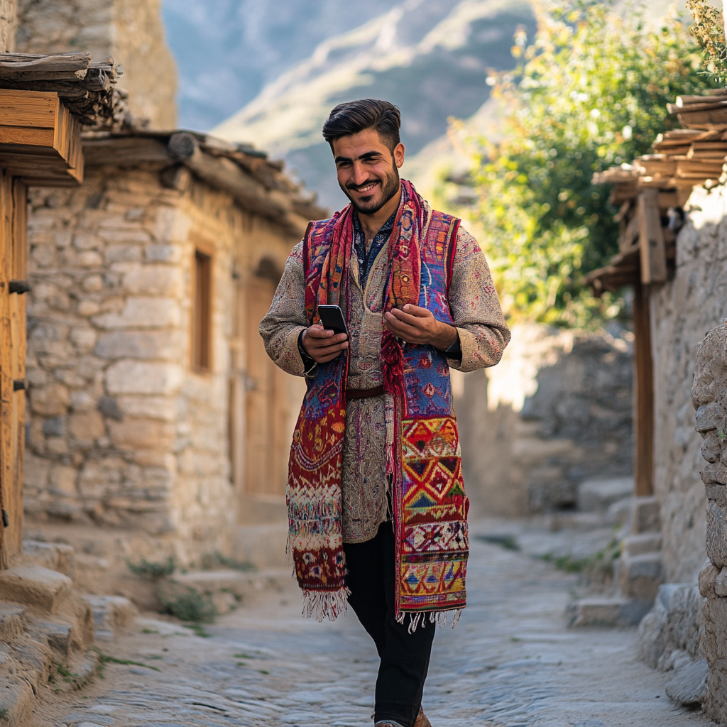 A Kurdish Man in Traditional Village with Phone