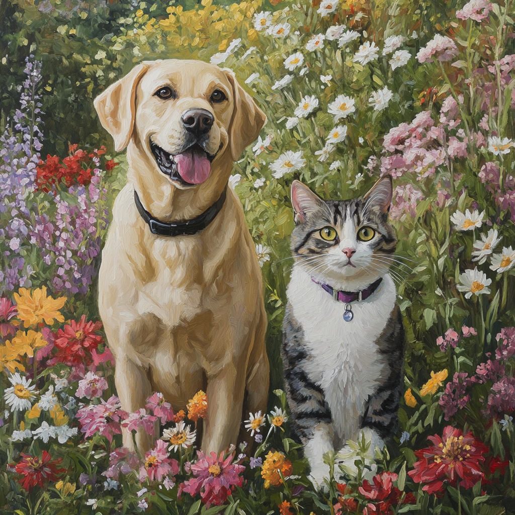 A Labrador and Cat in Flowery Garden Painting