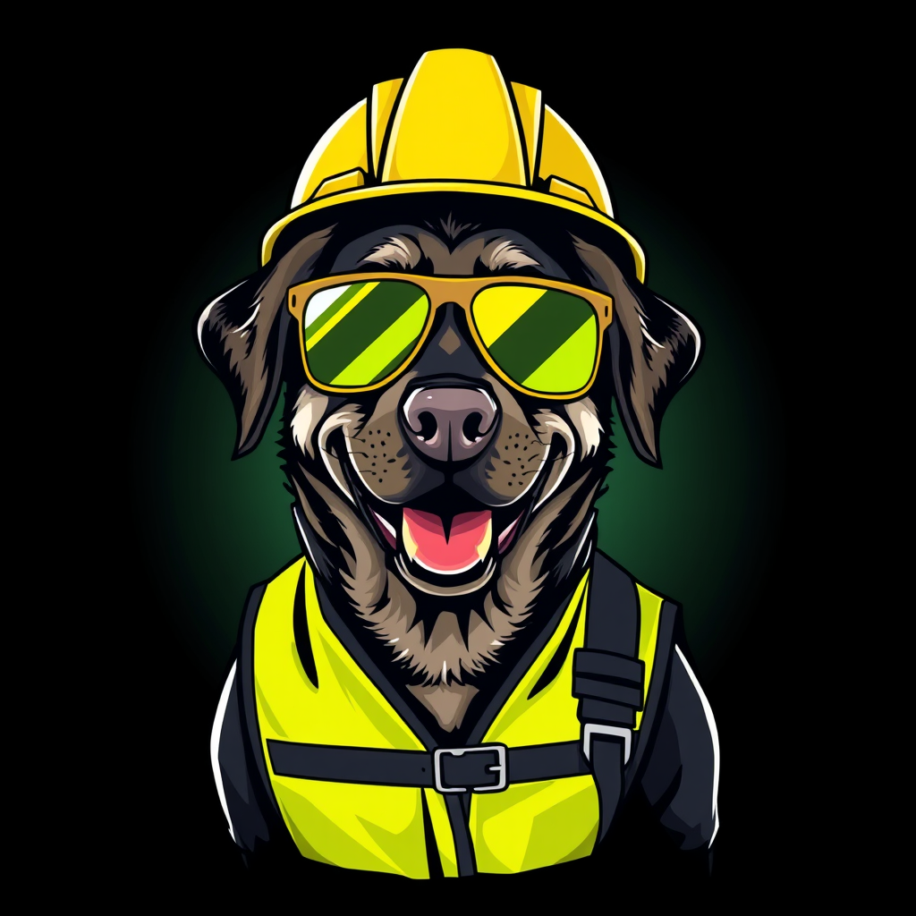 A Labrador in Construction Gear Smiling Happily