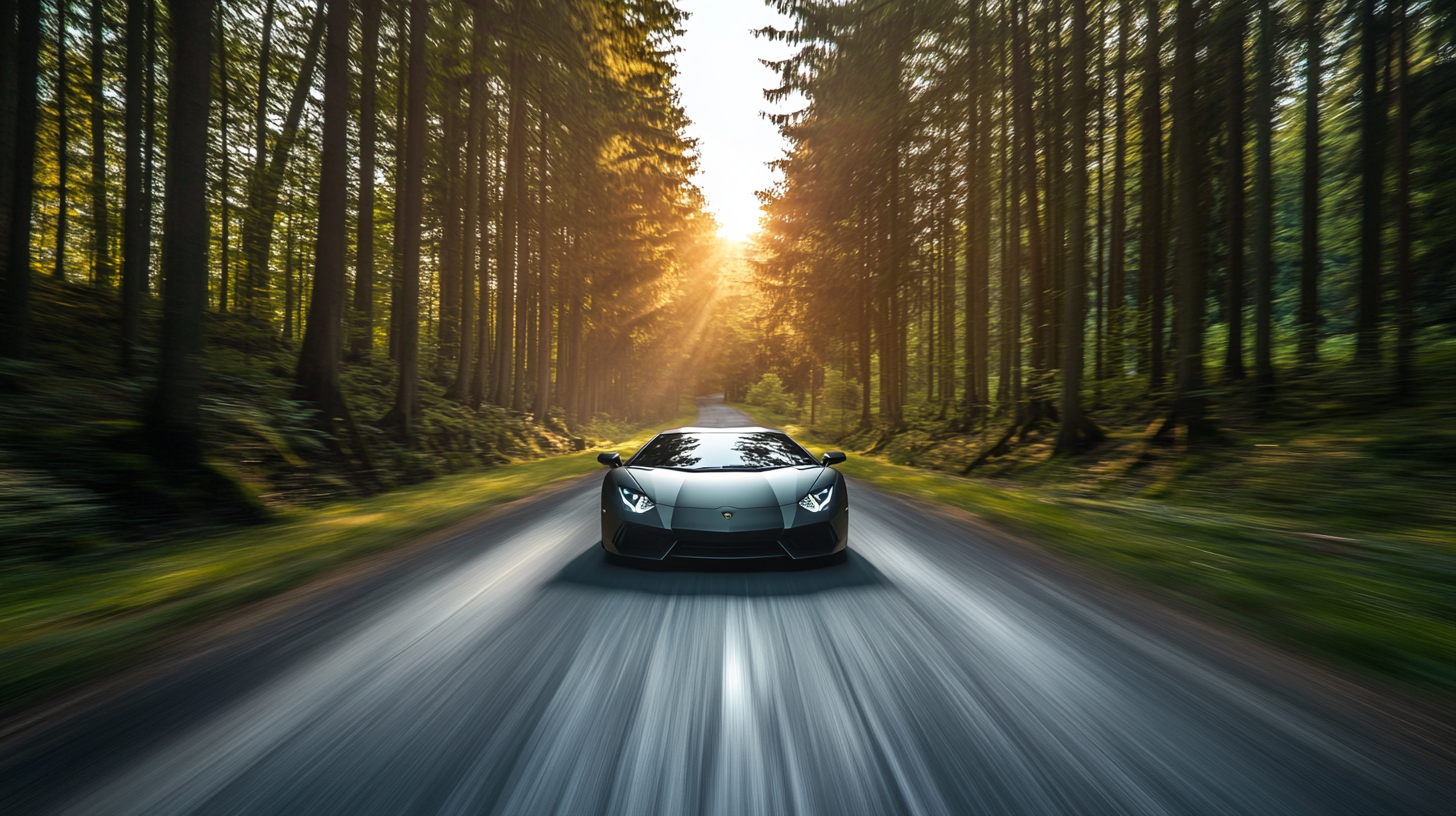 A Lamborghini Speeding Through a Spring Forest Hill