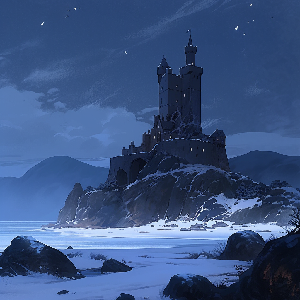 A Large Castle on Scottish Isles at Night