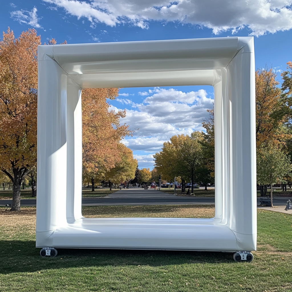 A Large White Frame on Wheels in Park.