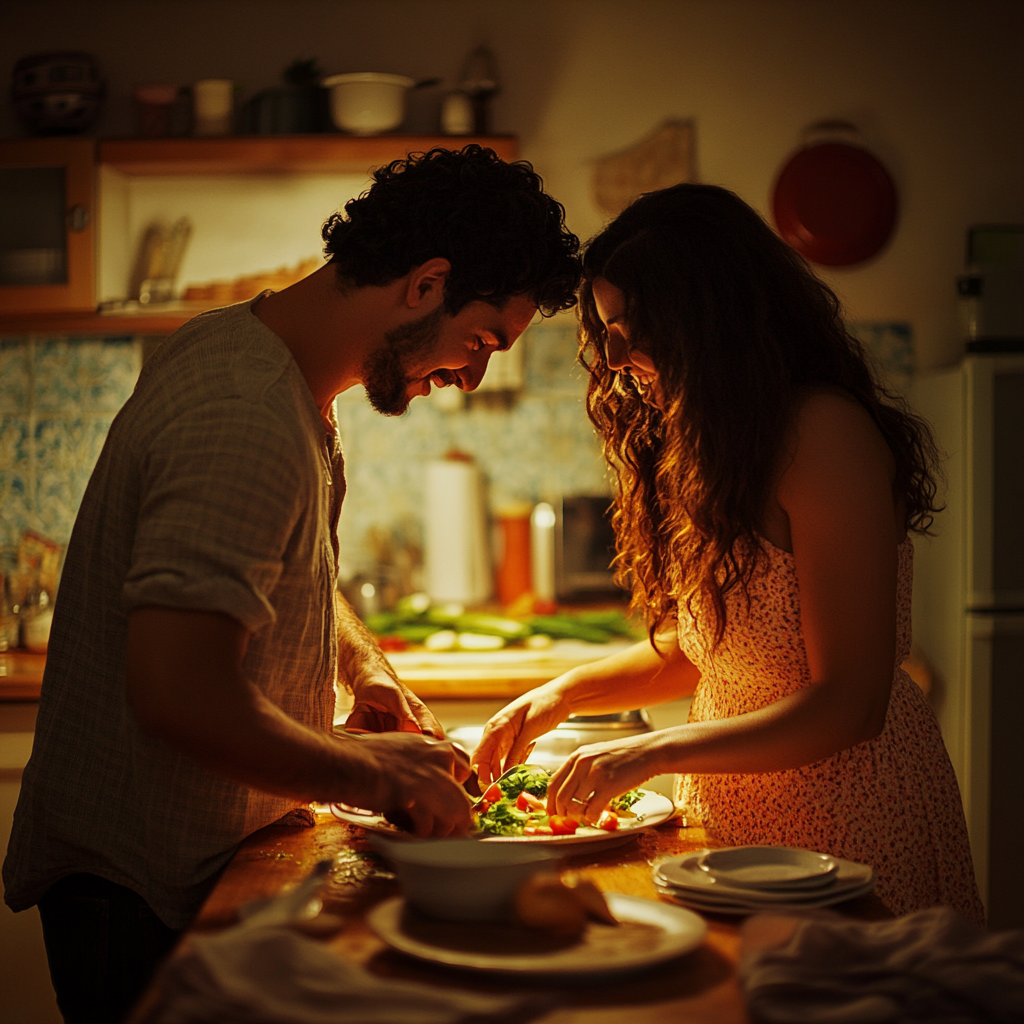 A Latin American couple in kitchen share emotions