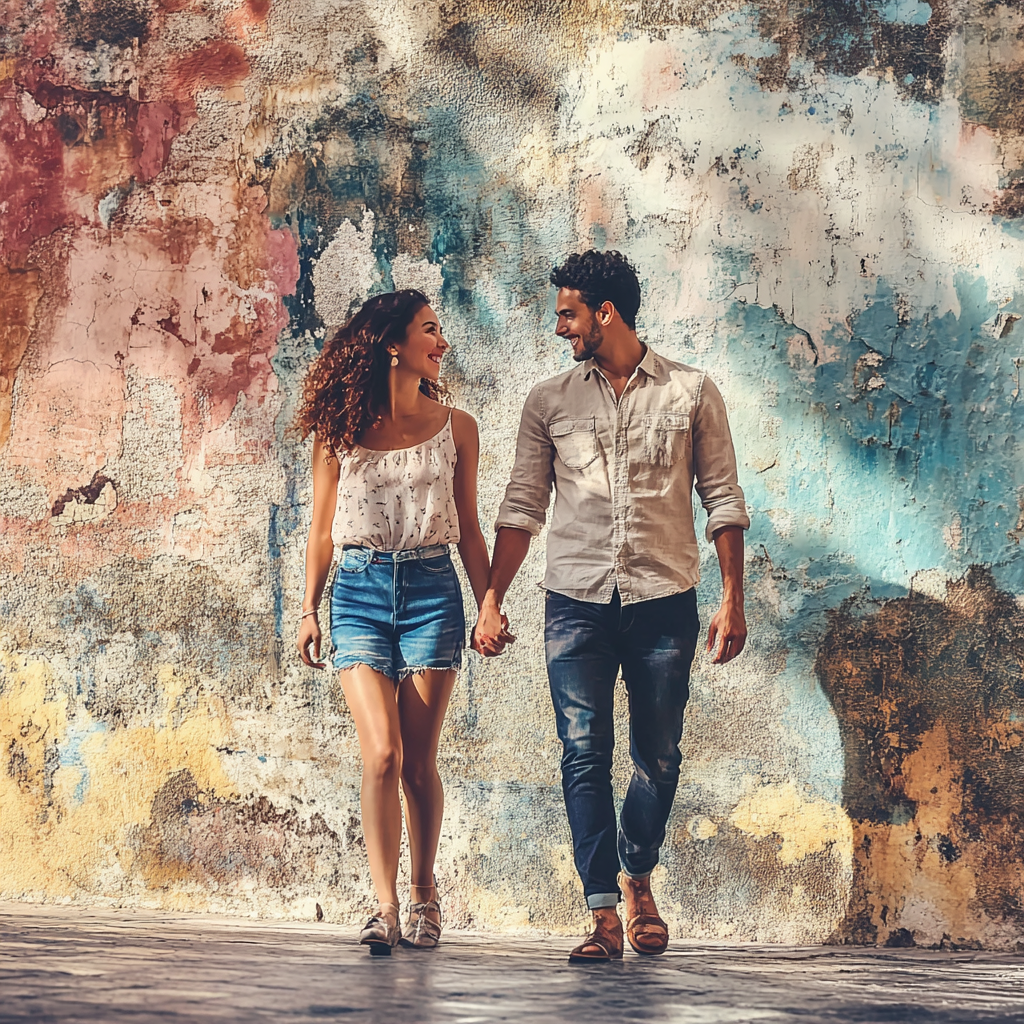 A Latina woman walking happily with partner