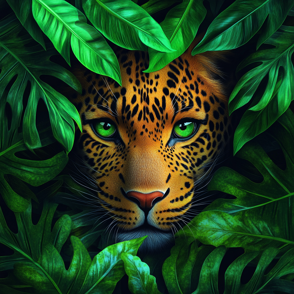 A Leopard Peeking Through Green Tropical Leaves