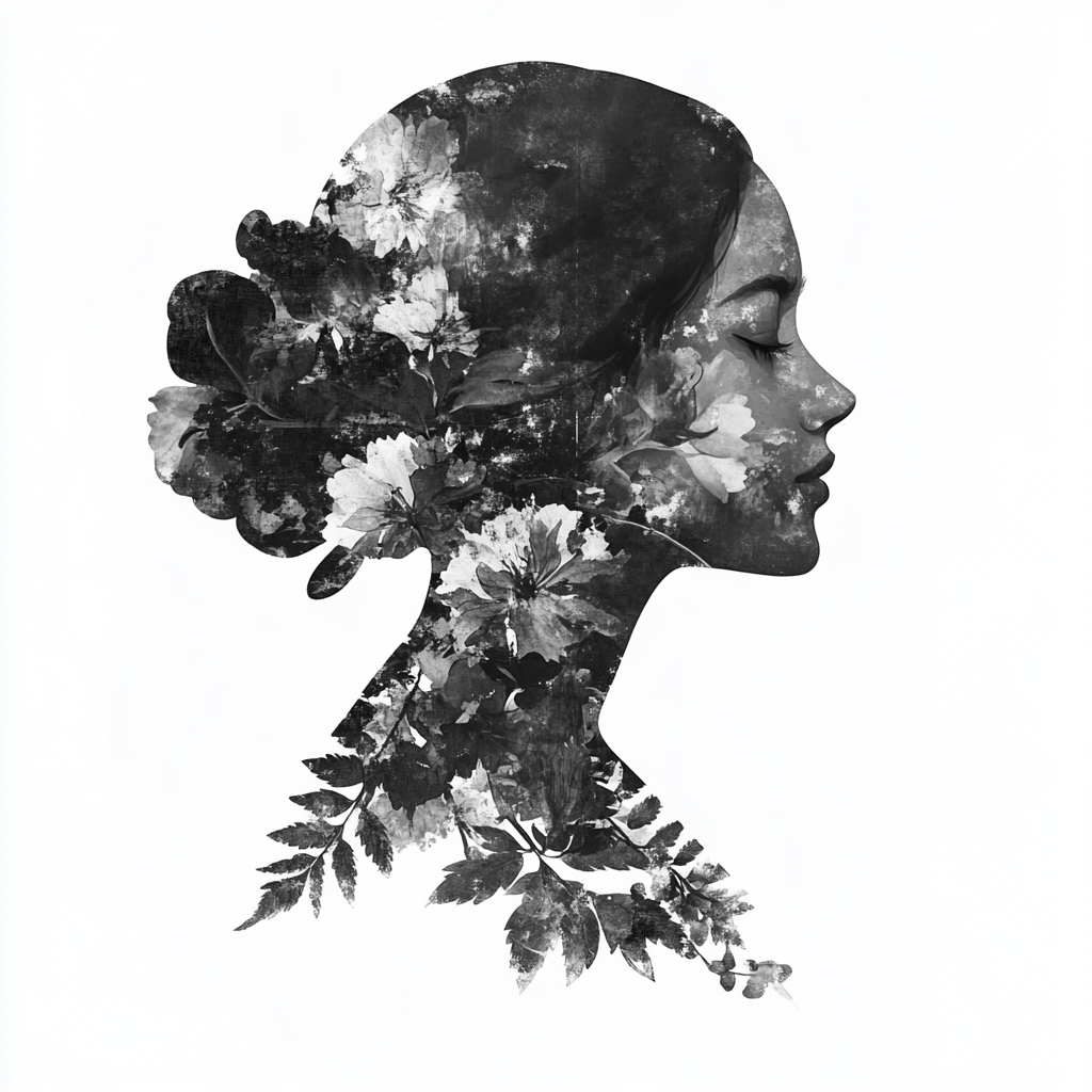 A Light Female Silhouette with Intricate Flower Painting