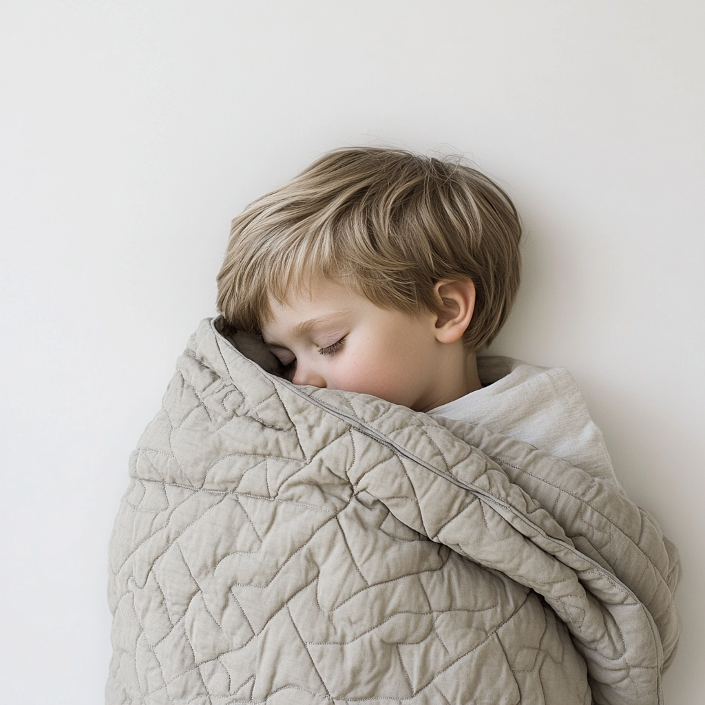 A Little Boy Sleeping Under Grey Blanket