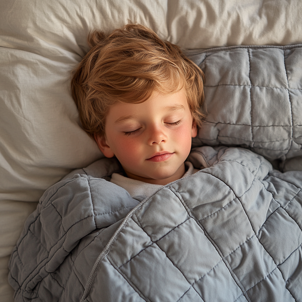 A Little Boy Sleeping in Bed Under Grey Blanket