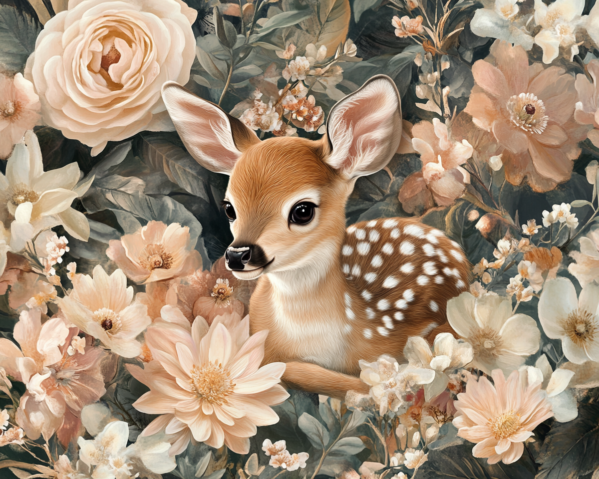 A Little Deer Among Beautiful Blooming Flowers