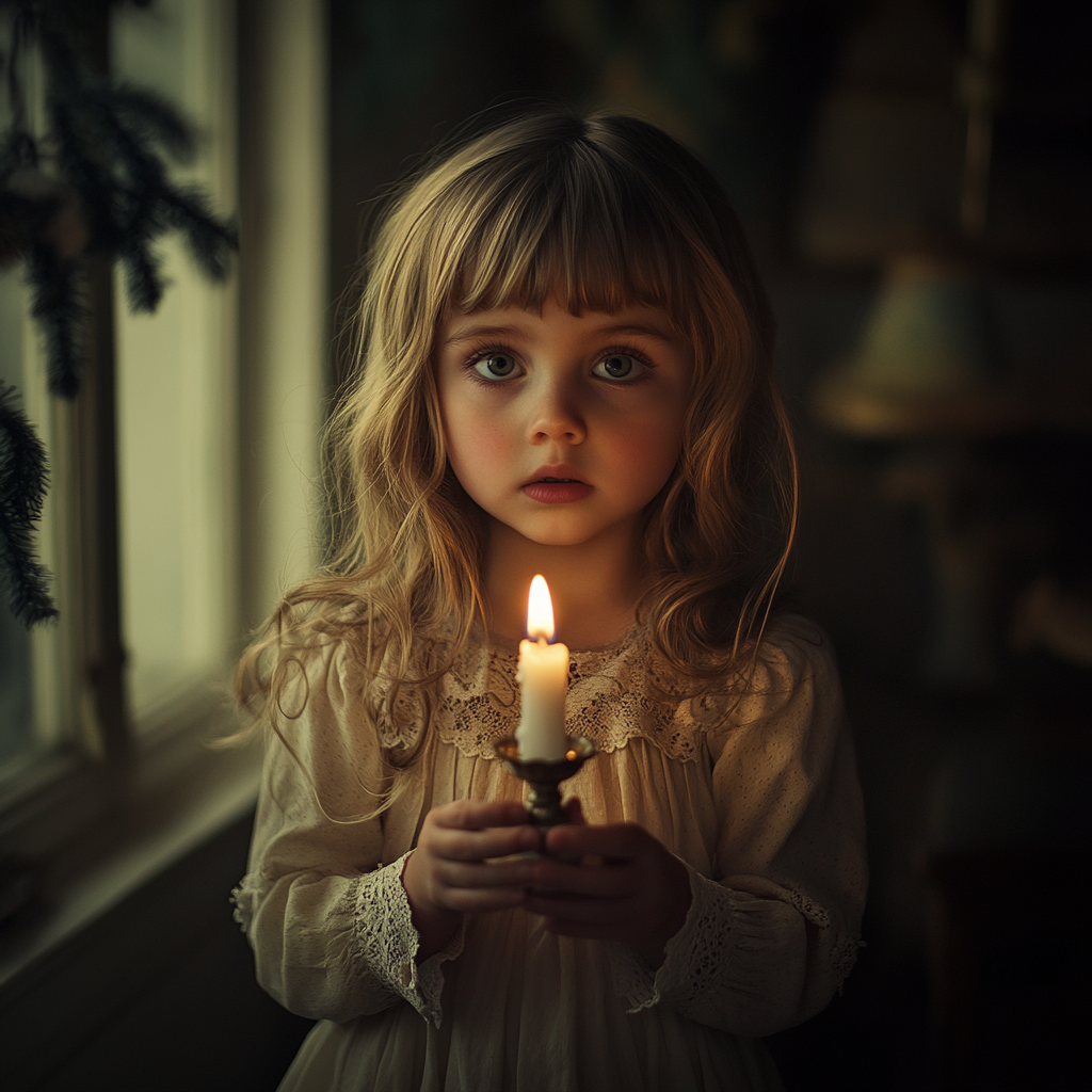 A Little Girl Holding Candle in Christmas Winter