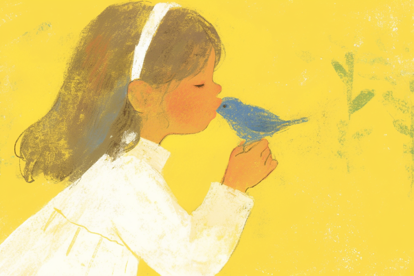 A Little Girl Kisses Blue Bird Painting