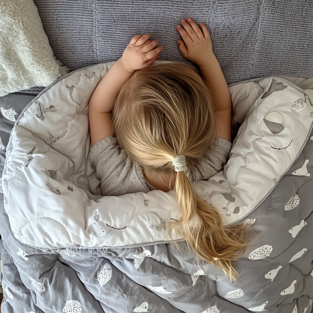 A Little Girl Napping Under Grey Duvet.