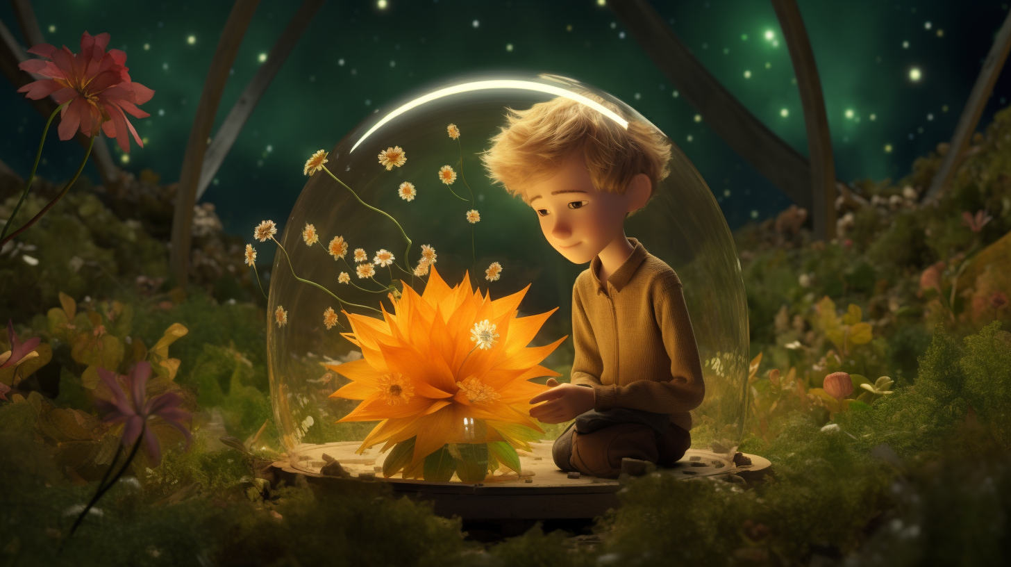 A Little Prince Protects Flower with Glass Dome