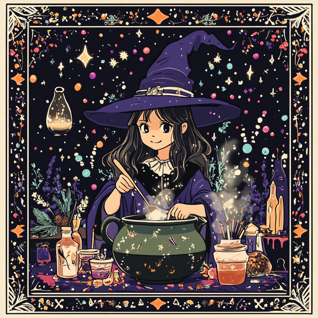 A Little Witch Making Colorful Potions