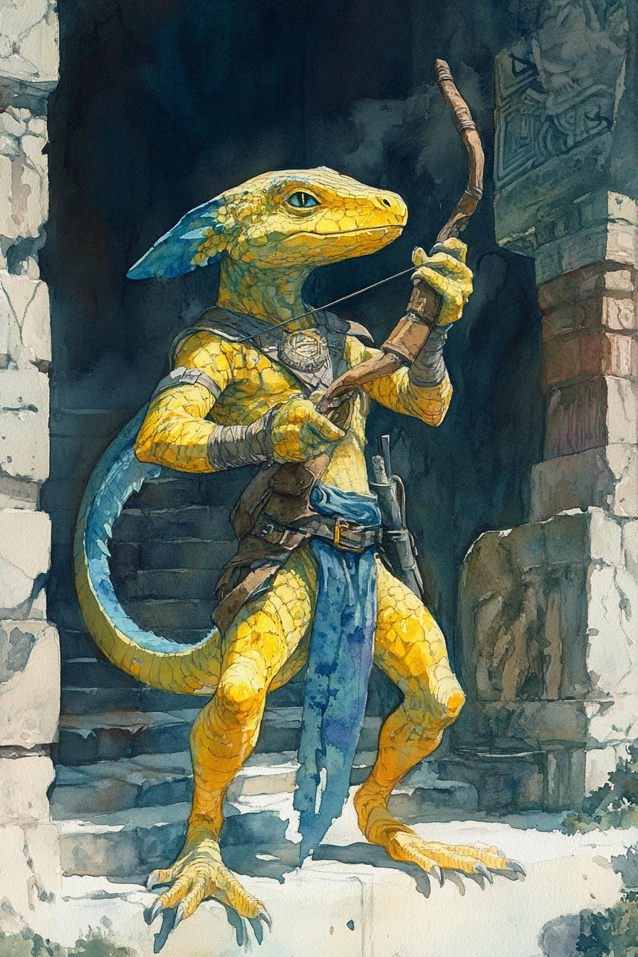 A Lizard Rogue in Aztec Ruins with Slingshot