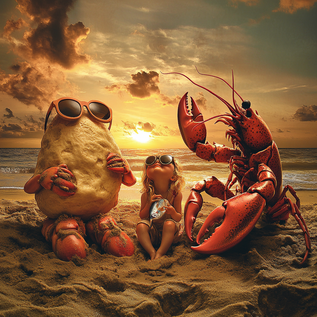 A Lobster, Dough, and Girl on Beach Sunset