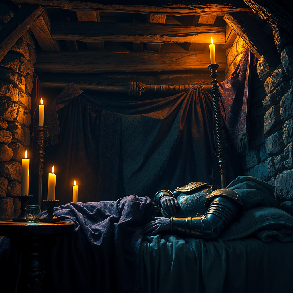 A Lone Knight Resting in Candlelit 1970s Fantasy Chamber