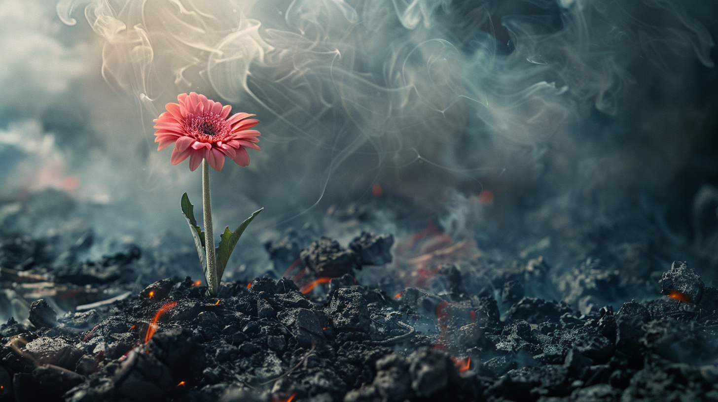 A Lonely, Beautiful Daisy in Smoky Debris Land.