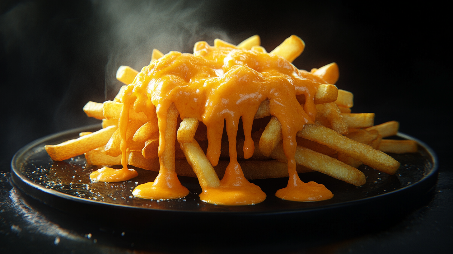 A Lot of French Fries with Cheddar Sauce