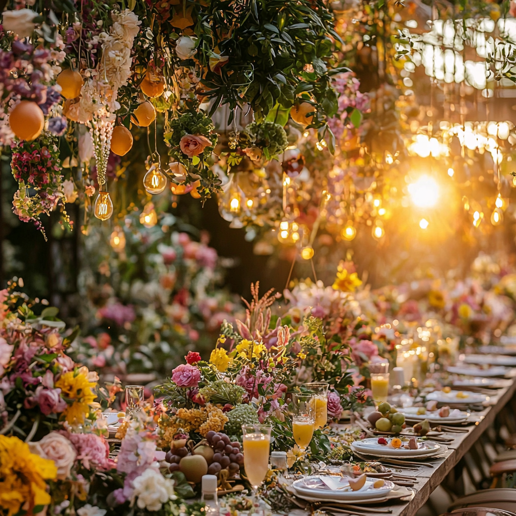 A Lovely Garden Party at Sunset with Flowers