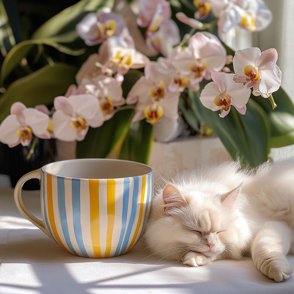 A Lovely Morning with Coffee, Cat, Orchids