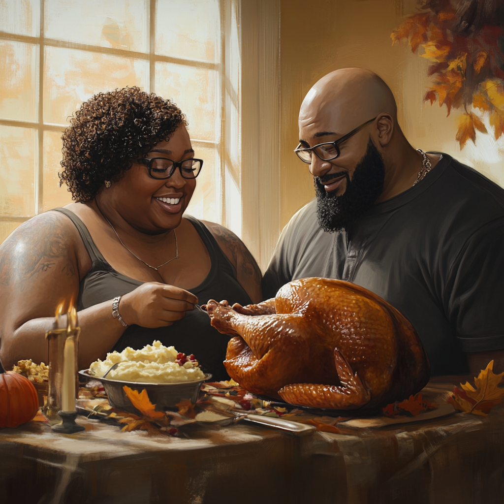 A Loving Thanksgiving Moment: African American Couple Feasting