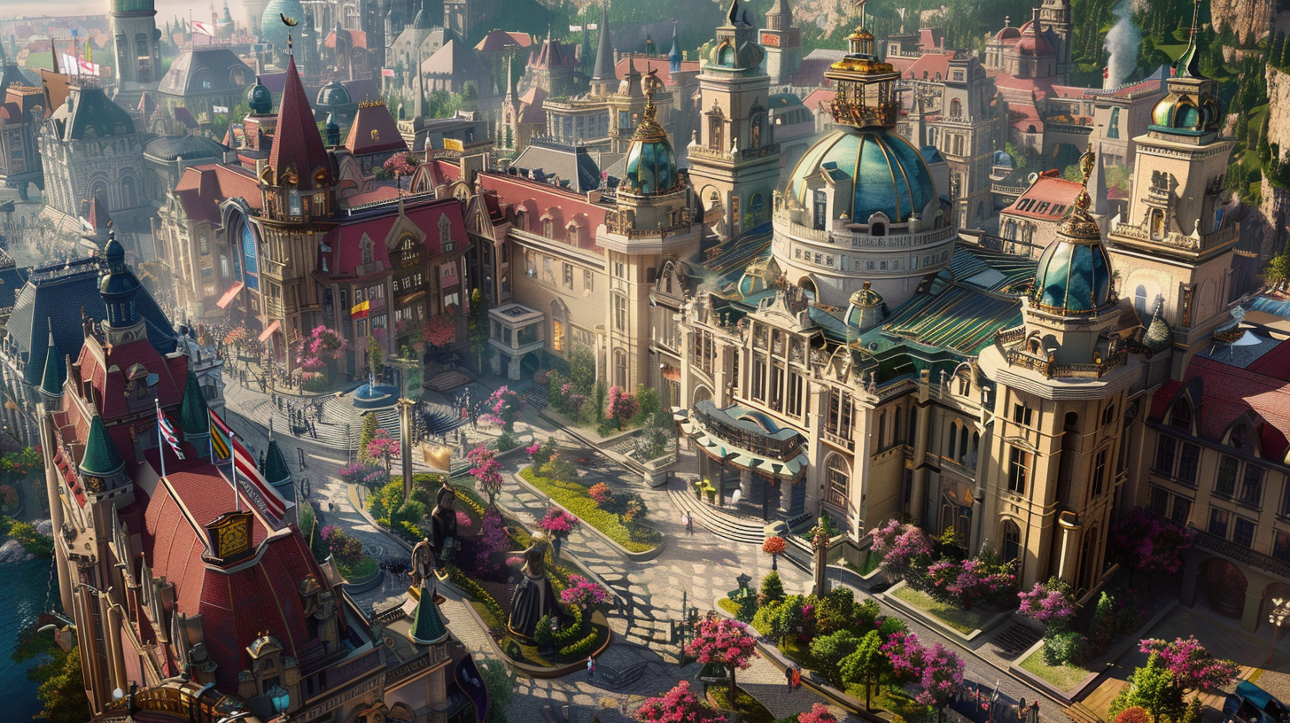 A Luxurious City with Citizens, Cars, and Flowers