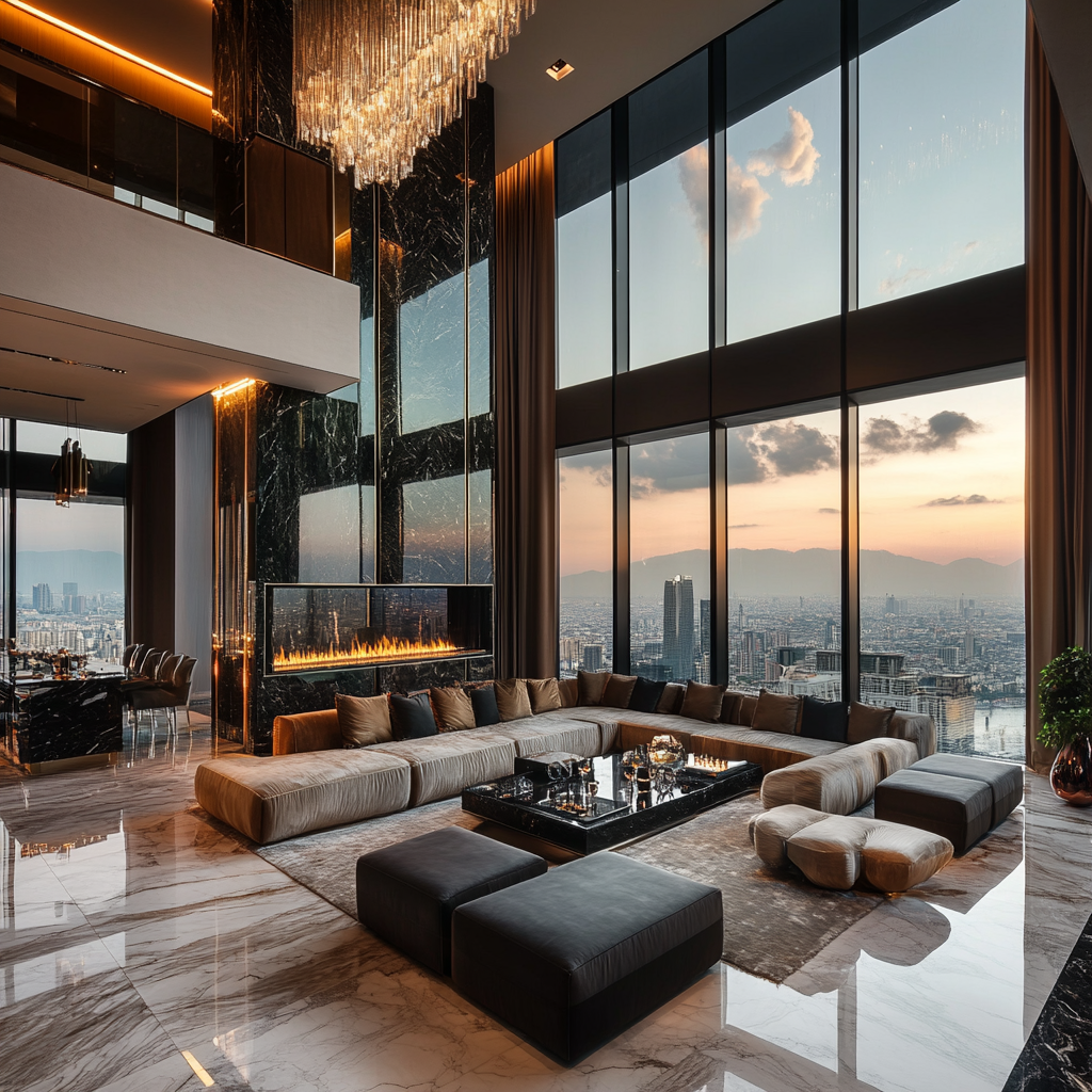 A Luxurious Living Room Overlooking Cityscape