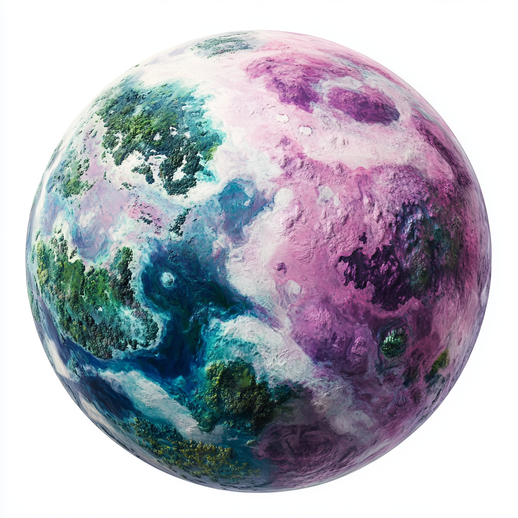 A Magenta Planet with Islands and Green Forests