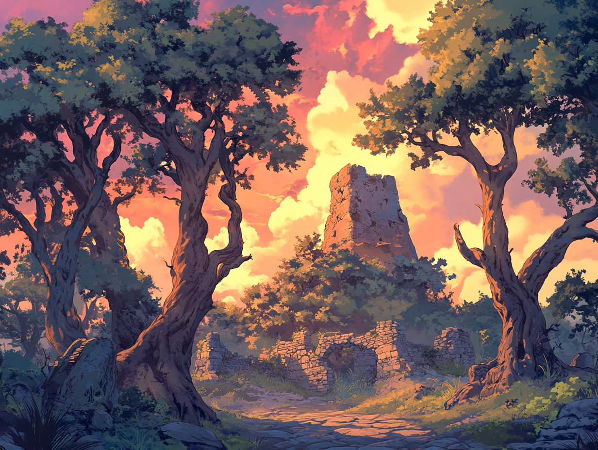 A Magical Forest with Massive Trees and Red Stone Hill