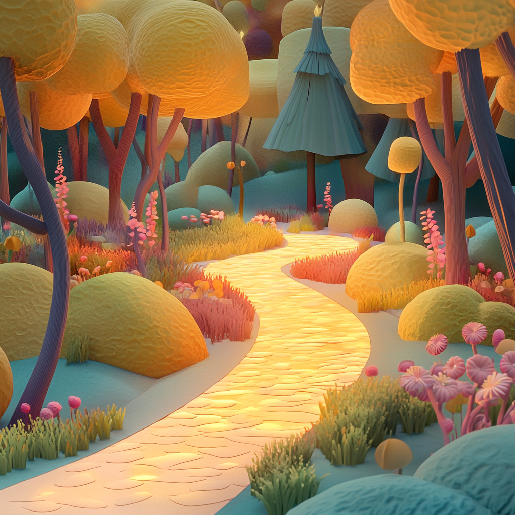 A Magical Glowing Path into a Cartoon Forest